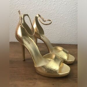 Michael Kors Gold Metallic Snake Embossed High Heel Sandals 7